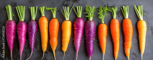 Vibrant, nutrient-rich carrots and radishes stand tall in a row, showcasing the beauty and nourishment of locally grown, whole foods for a healthy and plant-based diet photo