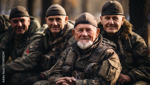 A group of smiling men in military uniform, looking at camera generated by AI