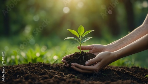 Environment Earth Day In the hands of trees growing seedlings. Bokeh green Background Female hand holding tree on nature field gra