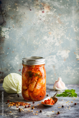 jar with homemade fermented cabbage kimchi traditional Korean dish recipe food fresh organic side dish with magazine editorial food photography look and copy space