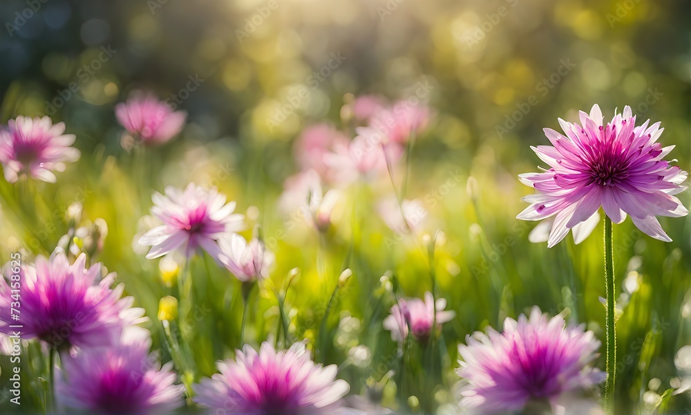 Fototapeta premium Sunny spring field: Vibrant flowers under the sun