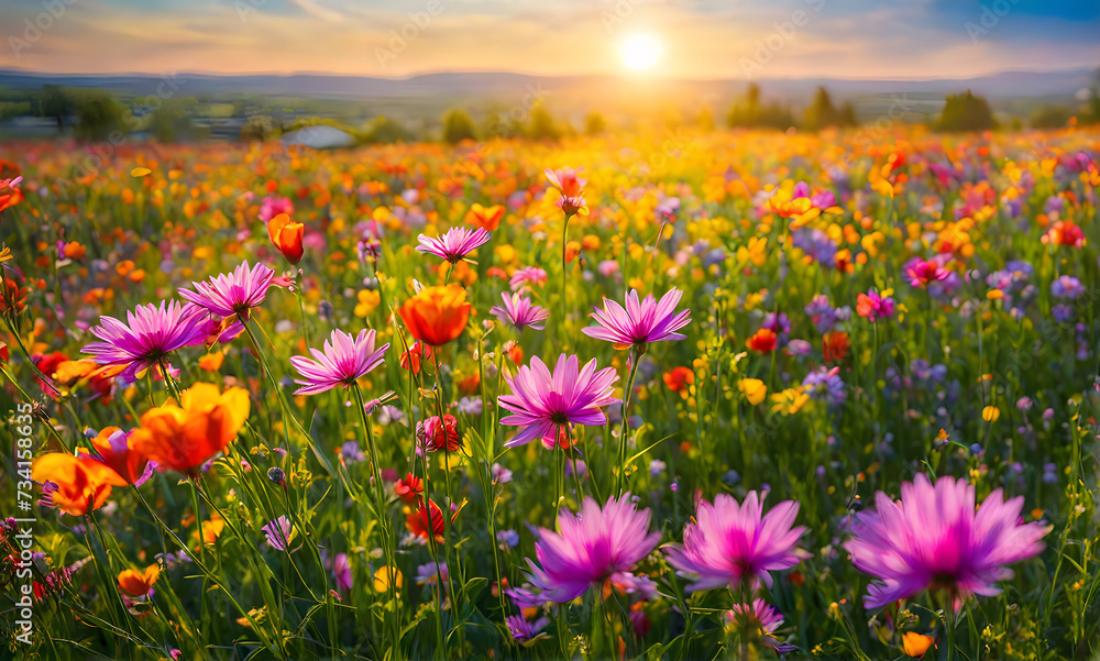 Fototapeta premium Sunny spring field: Vibrant flowers under the sun