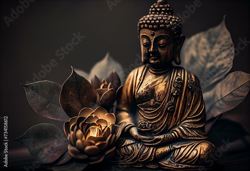 Creative religious concept. Rustic gold ancient Buddha with lotus. Generative AI