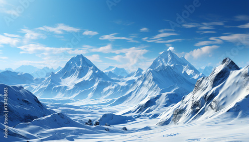Majestic mountain peak, snow covered landscape, tranquil scene, frozen water generated by AI