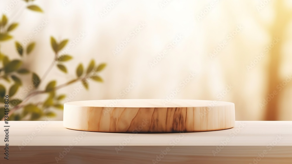 A round cut of wood, a pedestal for an object, a podium. Sunshine against the backdrop of lush green grass.