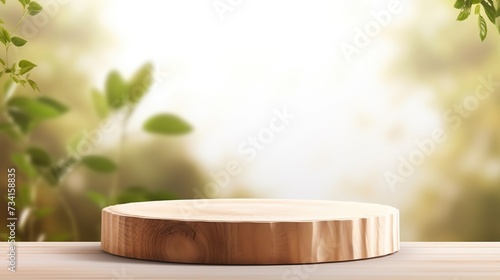 A round cut of wood, a pedestal for an object, a podium. Sunshine against the backdrop of lush green grass.