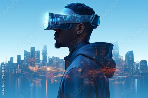 Young Man Wearing Virtual Reality Headset in Front of Cityscape, Concepts of Travel, Technology