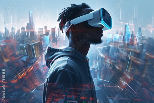 Young Black Man Wearing Virtual Reality Headset in a City, Concepts of Travel, Technology