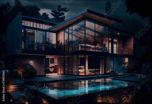 Modern house exterior design at night with swimming pool 3D Rendering. Generative AI