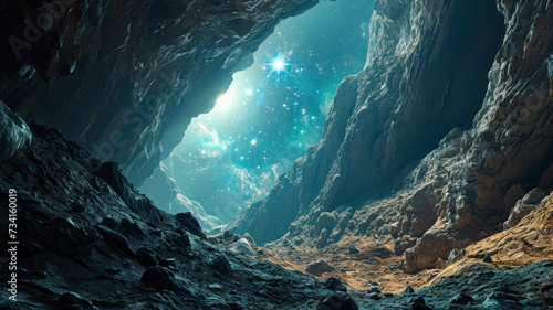 Space unearthly landscape stone cave overlooking the galaxy photo