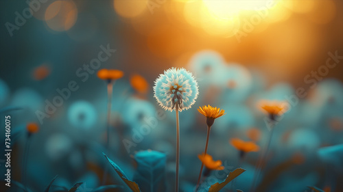 Dandelions and flowers in the glory morning light, beauty and magic natural photo