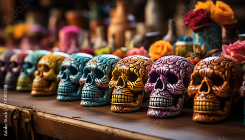 Ancient Mexican culture a spooky celebration of homemade clay souvenirs generated by AI
