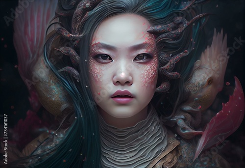 chinese legendary mythological creature mermaid, female jiao ren from shan hai jing, the compilation of mythic geography and beasts, generative AI