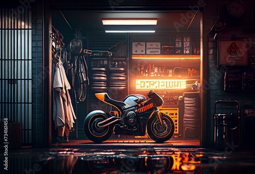 Club and garage for motorcycle enthusiasts of the current era. Generative AI