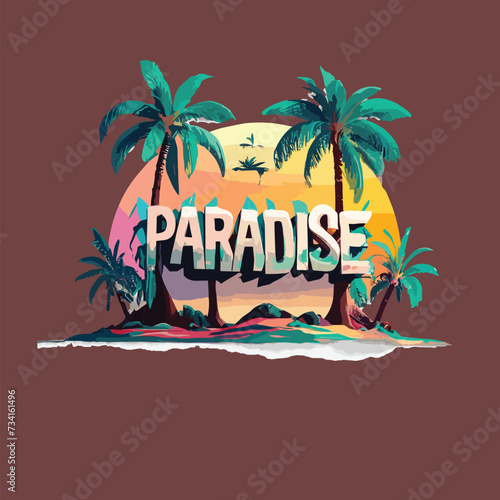 Paradise Found lettering  summer Hawaii palm tree sunset eps vector design Tropical Beach illustration for trendy t shirt and apparel design, hoodies, banner, print poster tropical emblem