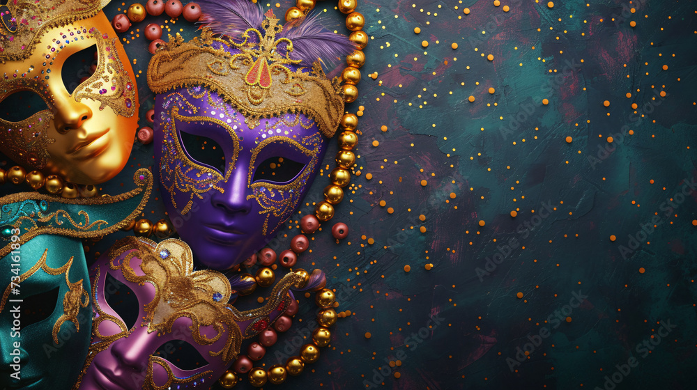 Set the Mood for Mardi Gras with a Flat Background Teeming with Masks, Beads, and a Lively Palette of Bright Colors, Offering Abundant Copy Space for Your Message.