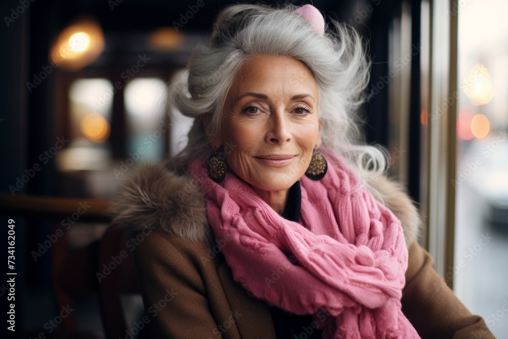Portrait of beautiful senior woman in winter coat and pink scarf in cafe Portrait of beautiful senior woman in winter coat and pink scarf in cafe