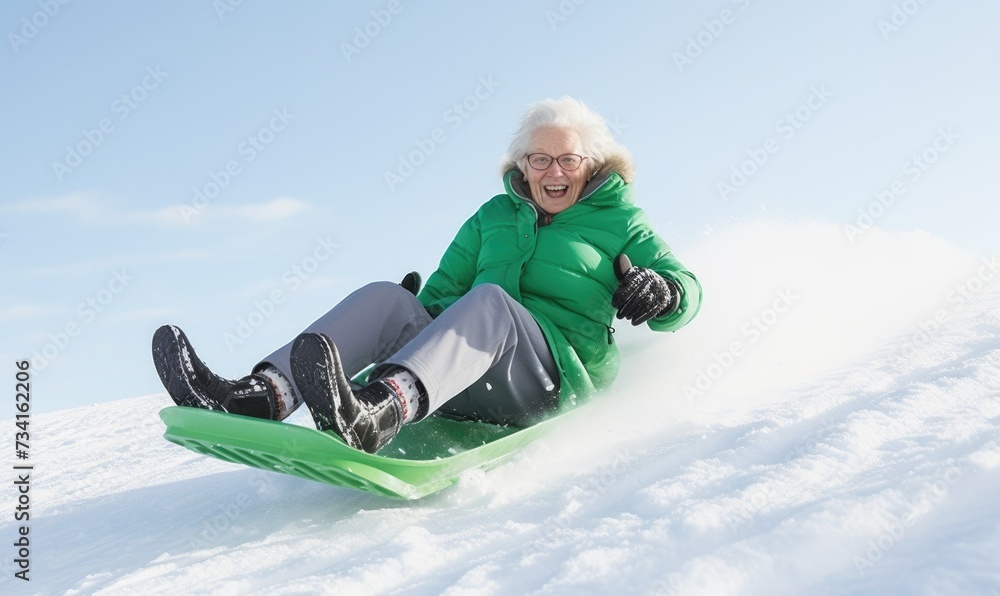 Crazy grandma is sledding down the hill on sledge. Active retirement concept