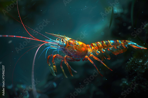 A vibrant deep-sea shrimp exploring the ocean floor