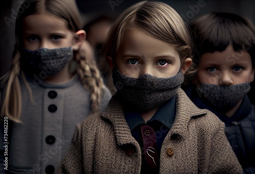 Children wear cloth face covering at reopening a school after coronavirus lockdown. Generative AI photo
