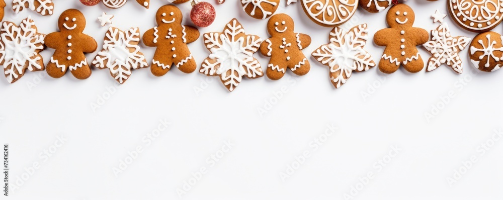 Fototapeta premium Beautiful Christmas decoration with amazing gingerbread cookies. Merry christmas theme. Christmas greeting card over white background, top view. Flat lay with copy space for xmas greetings.