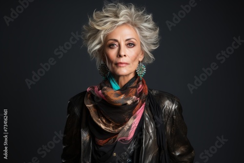 Portrait of beautiful middle aged woman in black leather jacket and scarf