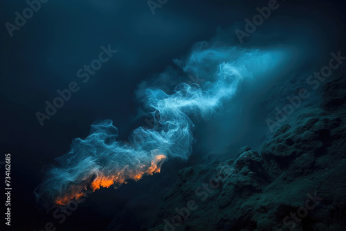 An intriguing scene of deep-sea smoldering dark worms releasing mysterious smoky trails
