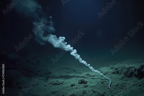An intriguing scene of deep-sea smoldering dark worms releasing mysterious smoky trails