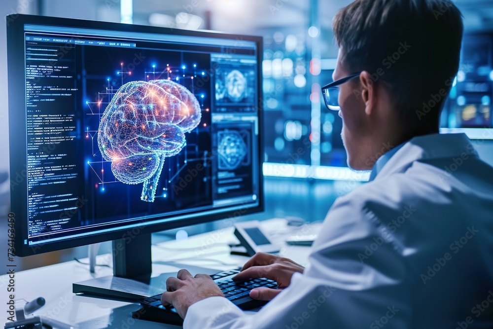 Obraz premium male engineer working with an artificial intelligence brain
