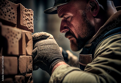 Close up details of industrial bricklayer installing bricks on industrial building, construction site. Generative AI