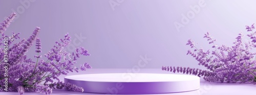 Lavender podium flower background purple product nature platform stand summer 3d table. Cosmetic podium lilac abstract field studio beauty flower spring lavender floral display plant backdrop crystal photo