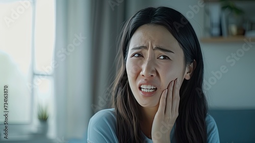 Tooth sensitivity - Asian woman suffering from sensitive teeth, touching cheek