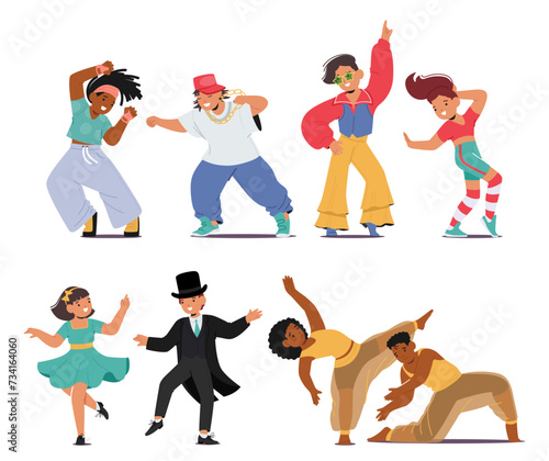 Vector Set of Energetic Kids Twirl And Groove To Lively Beats. Boys and Girls Create Kaleidoscope Of Joy in Dance
