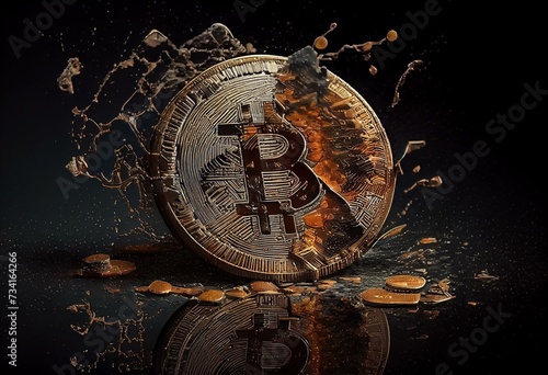 The coin of the cryptocurrency Bitcoin is breaking down. bitcoin virtual currency coin. Bitcoin is in danger. Generative AI