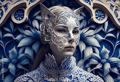 Catwomen made of filigree azulejos white and blue gothi. Generative AI photo