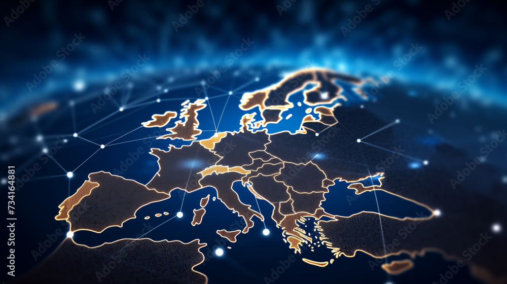 Obraz premium Abstract map of Western Europe, concept of European global network and connectivity, data transfer and cyber technology, information exchange and telecommunication