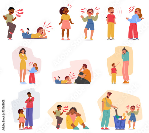 Distressed Children Unleash Hysterical Screams In A Tantrum, While Saddened Parent Characters Grapple With Toll