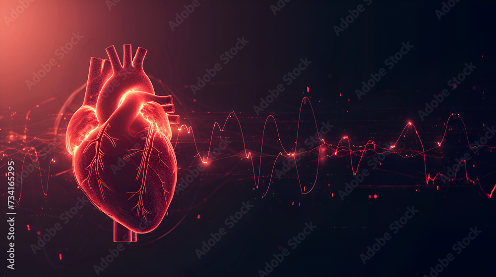 Abstract shape of human heart with digital red line of cardiac pulse. on a black background. Health, cardiology, cardiovascular disease concept - obrazy, fototapety, plakaty 