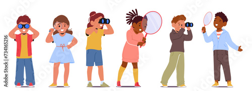 Children Eagerly Explore The World With Binoculars Or A Magnifying Glass, Discovering Hidden Wonders In Nature