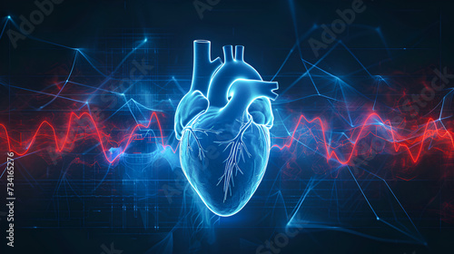 Digital 3D illustration of a human heart with blue digital red and blue cardiac pulse line. on a black background with copy space. Heart health, cardiology, cardiovascular disease concept #734165276