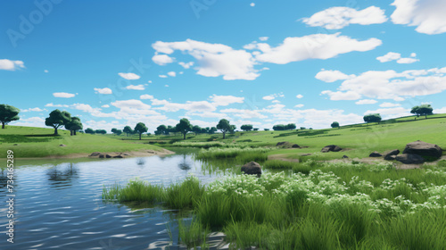 A pond under blue sky with a green hill