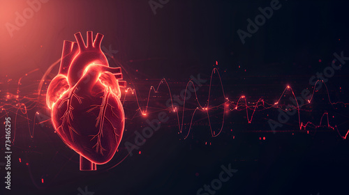 Abstract shape of human heart with digital red line of cardiac pulse. on a black background. Health, cardiology, cardiovascular disease concept