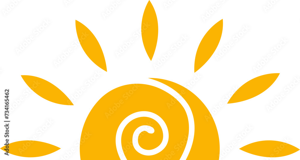 Yellow sun flat icon, sunshine and solar glow sunrise or sunset. Decorative half circle sun and sunlight. Hot solar energy for tan. Vector isolated on transparent background. Hand drawn symbol.