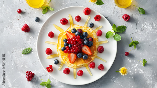 pancakes in the shape of the sun with rays of honey, decorated with raspberries, blueberries on a light background with copy space. children's breakfast concept. View from above photo