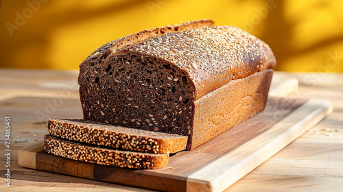 Loaf of black rye bread typical for Nordic countries and Germany. Slices on wood cutting board. Morning sunlight photo