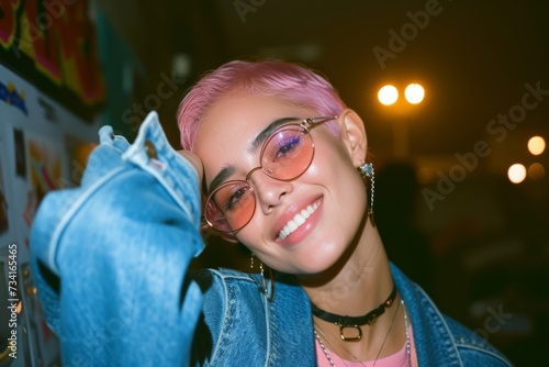 Radiant Young Woman with Pink Hair and Trendy Glasses in a Casual Setting