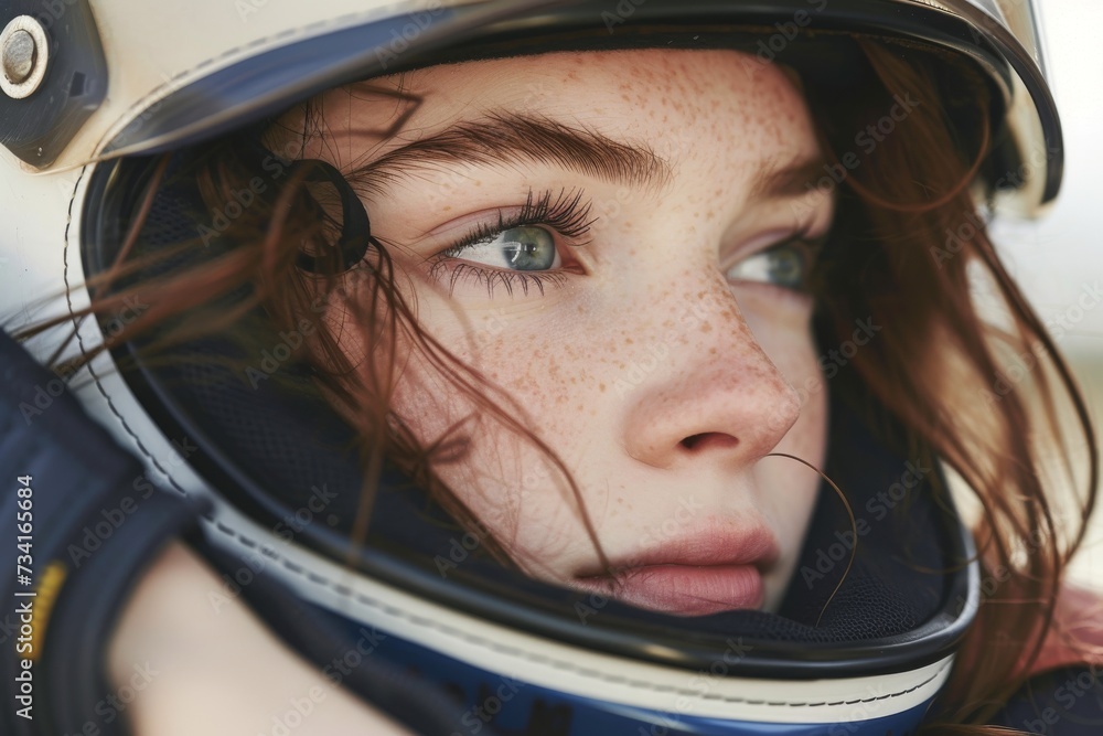 Close-Up of Young Woman in Sports Helmet Gazing Intently Close-Up of Young Woman in Sports Helmet Gazing Intently