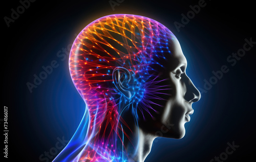 human head with glowing brain area illustrating brain activity and neural connections
