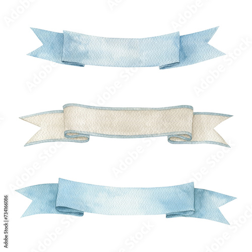 Watercolor set of isolated blue and beige banners on white background. Ribbons collection. Hand drawn sketch illustration