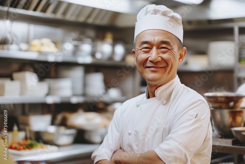 chinese chef in apron standing in a restaurant kitchen, arms crossed and smiling